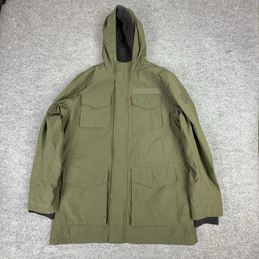 Levis Coat Mens Large Green Hooded Sherpa Lined Canvas Parka Zip‎ Pockets